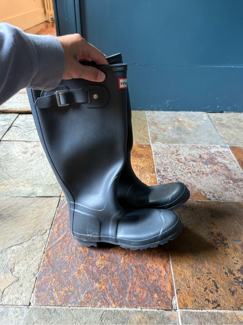 Hunter Women’s Tall Navy Rubber Rain Boots with Adjustable Buckle